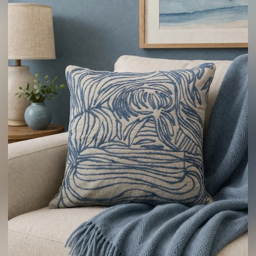 Bloomingville, Natural and Blue Azure Lines Embroidered Cotton Pillow 20 x 20”